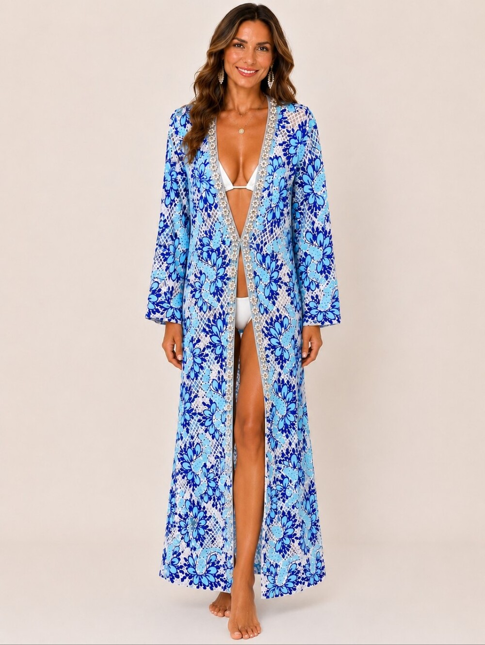 Boston Proper Embellished Lace Cover Up Duster Blue White Size Large NWT